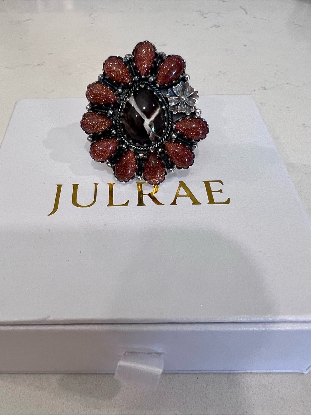 Sunstone & Leopard Jasper Cluster Ring - NWOT
